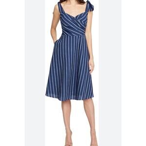 Rachel Roy Dress Women's 6 Halter Knee Length Blue White Stripes Blackles